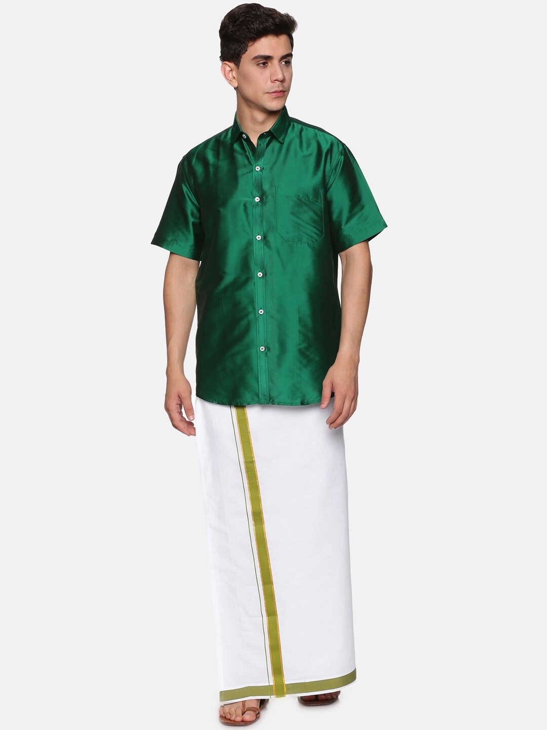 Sethukrishna Men Green & White Solid Shirt with Dhoti