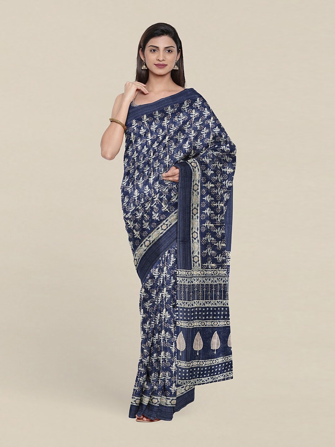 Pothys Blue & White Floral Jute Silk Saree