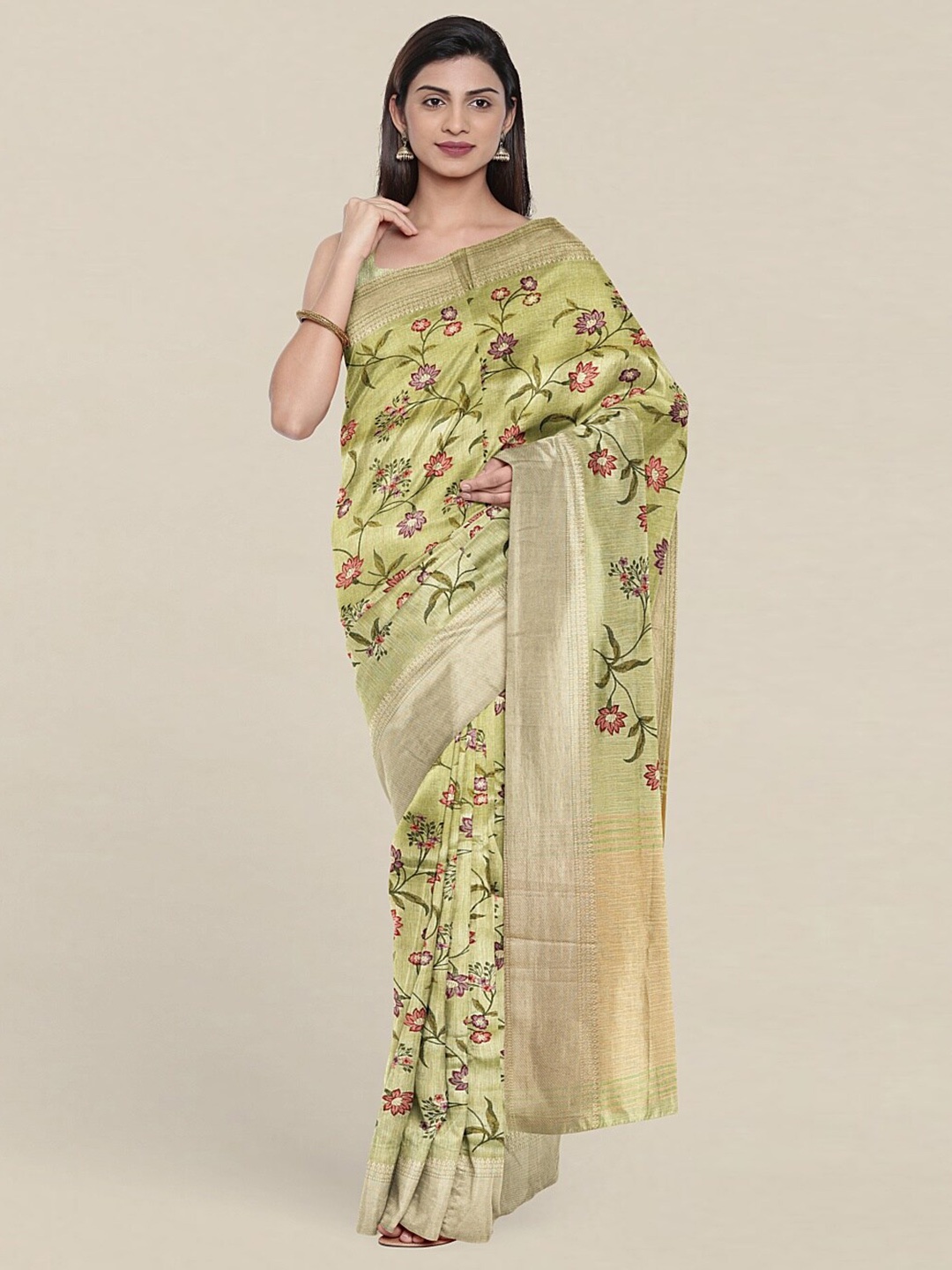 Pothys Green & Purple Floral Zari Jute Silk Saree
