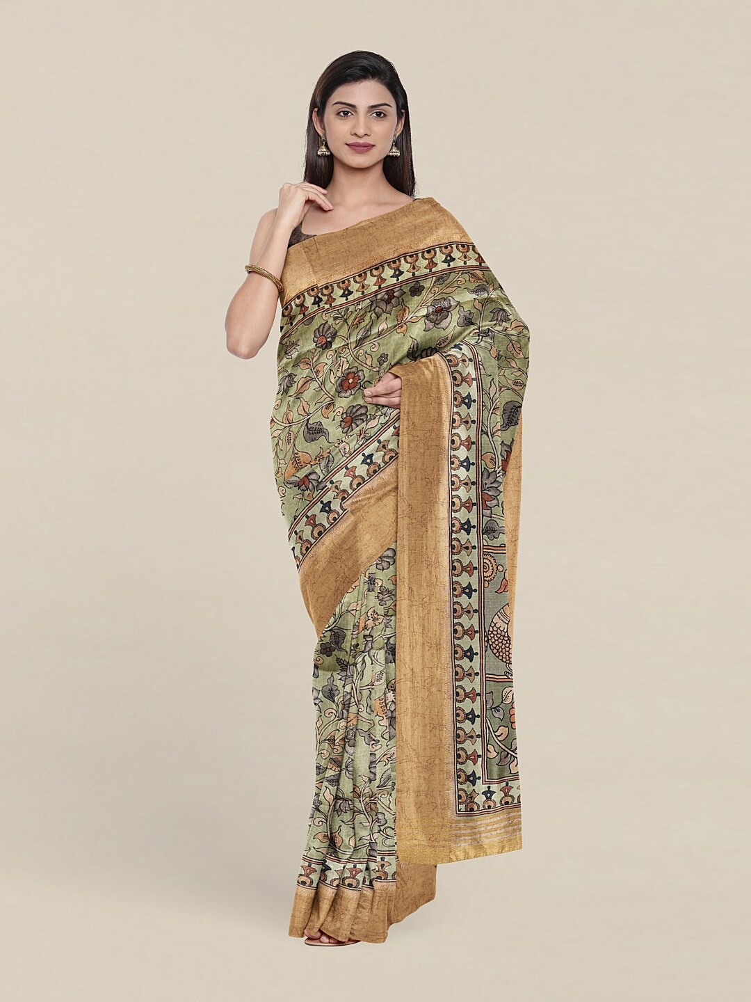 Pothys Green & Beige Floral Zari Art Silk Saree