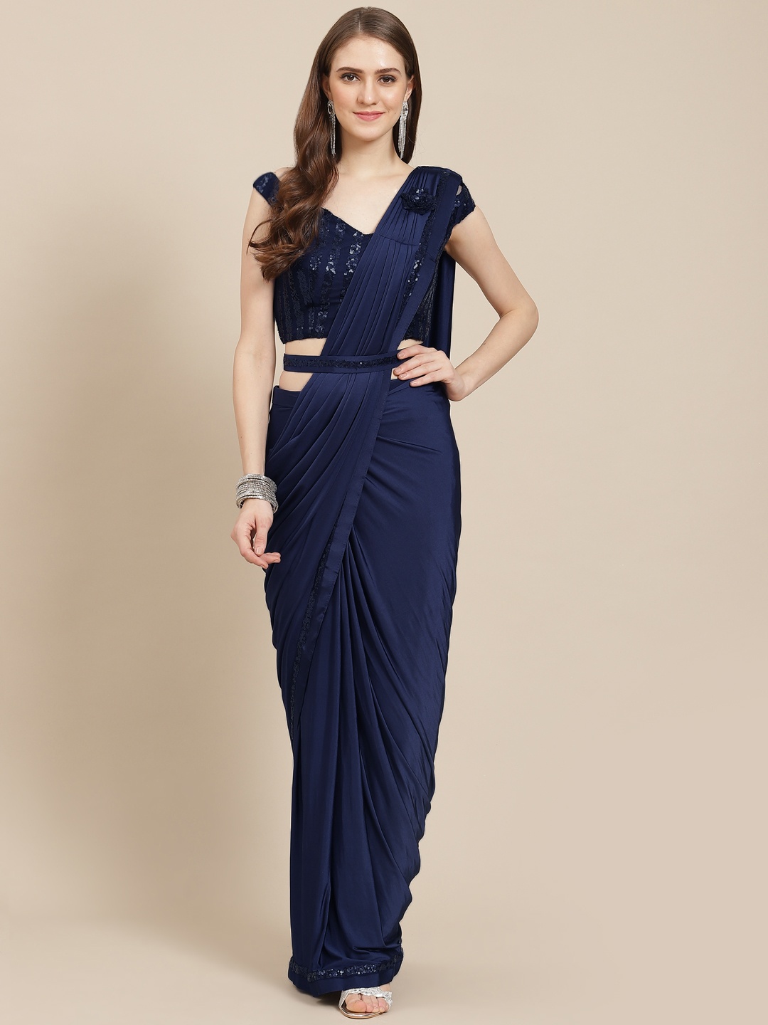 Grancy Woman Sequinned Ready to Wear Saree, Blue