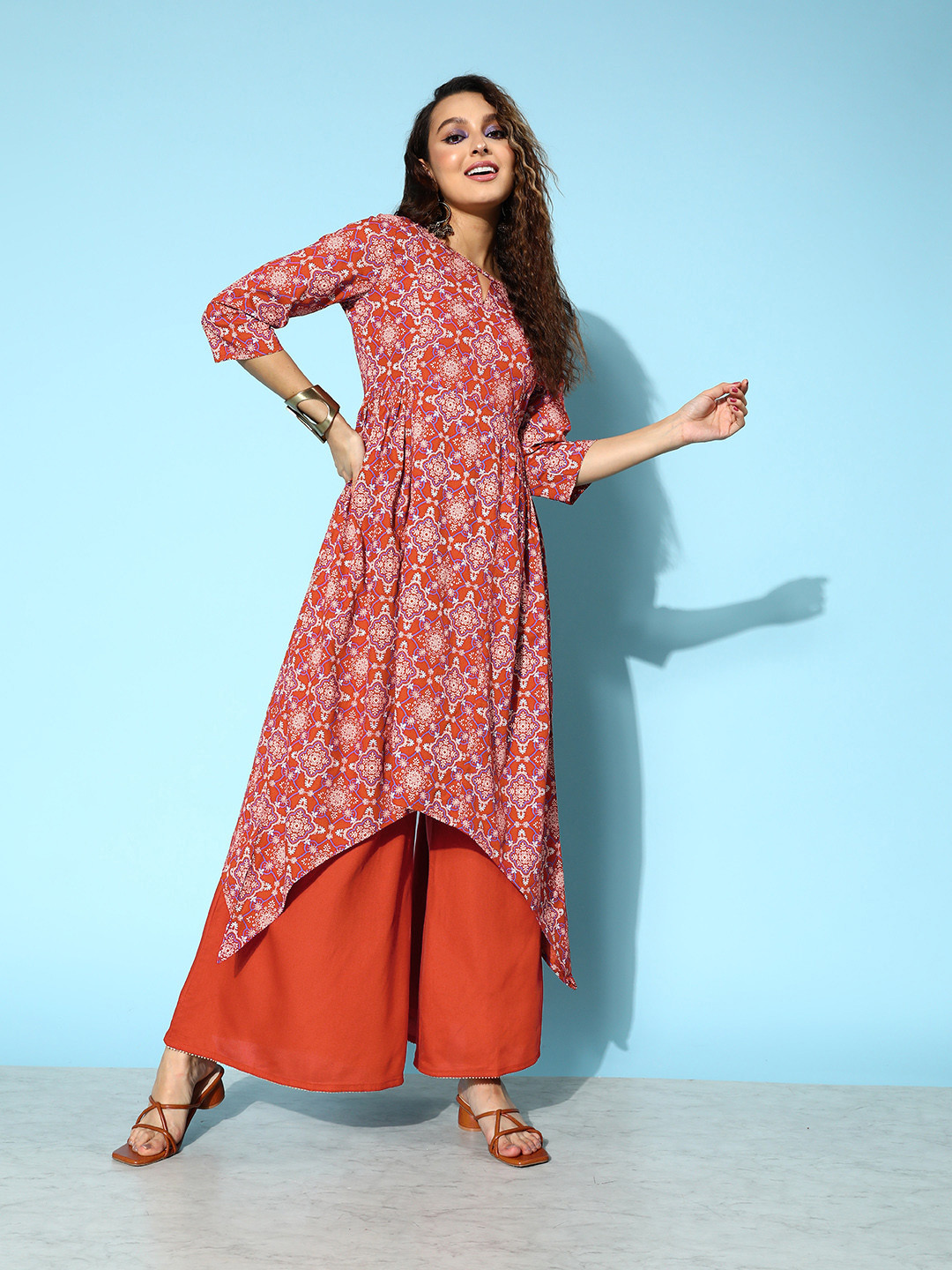 all about you Brick Red Printed Dipped Hem Veere Di Wedding A-Line Kurta with Palazzos, Rust
all about you Brick Red Printed Dipped Hem Veere Di Wedding A-Line Kurta with Palazzos, Rust