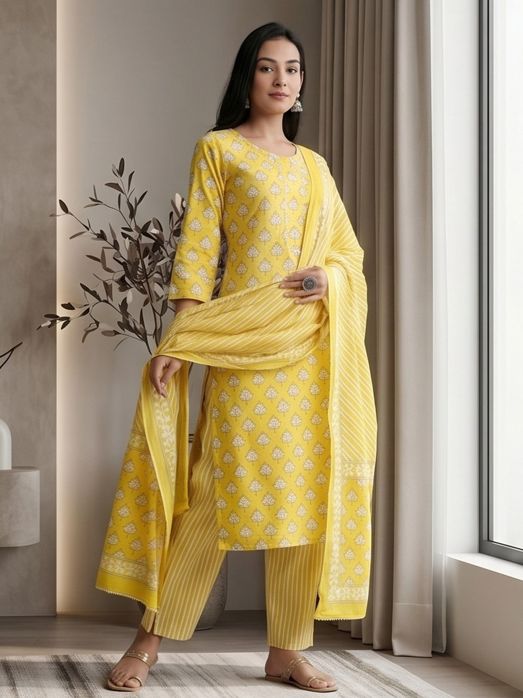 Indiwest Women Floral Printed Cotton Kurta with Trousers & Dupatta, Yellow
Indiwest Women Floral Printed Cotton Kurta with Trousers & Dupatta, Yellow