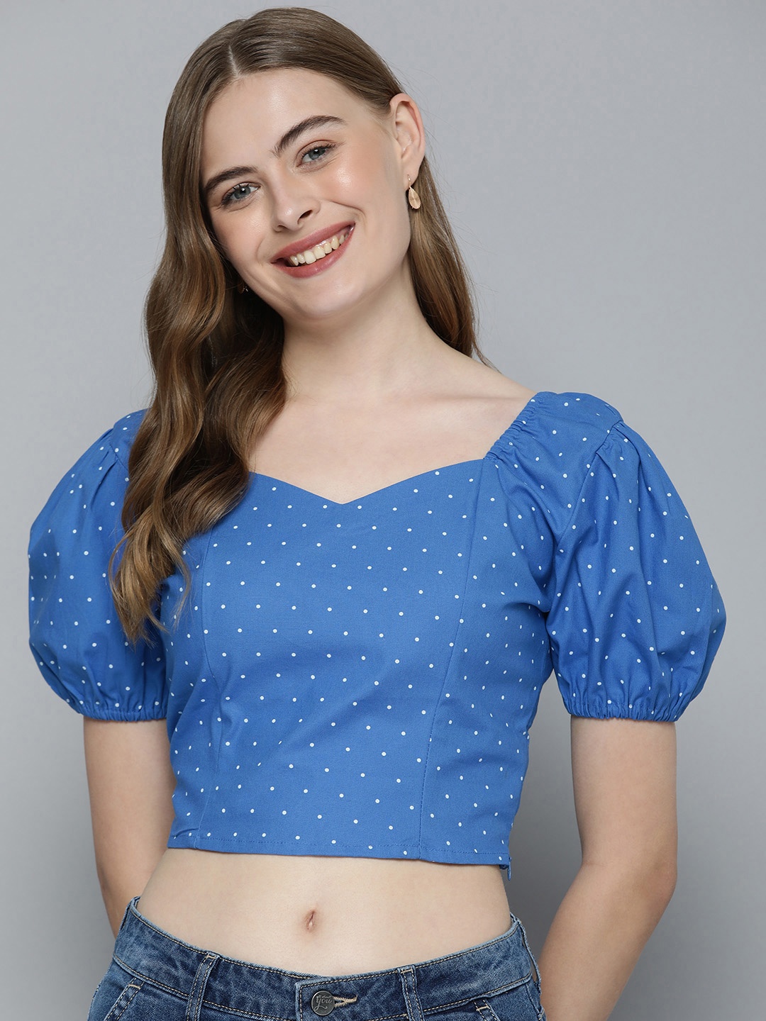 Mast & Harbour Pure Cotton Polka Dot Print Sweetheart Neck Puff Sleeve Crop Top, Blue
Mast & Harbour Pure Cotton Polka Dot Print Sweetheart Neck Puff Sleeve Crop Top, Blue