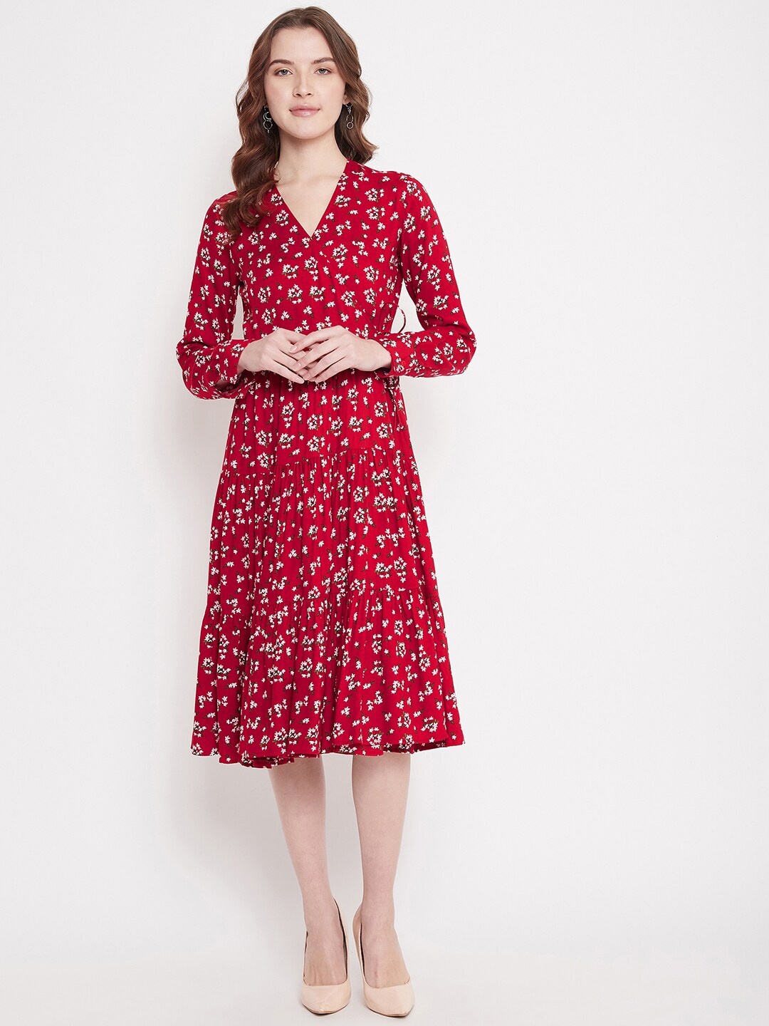 Femella Women Red Floral Midi Dress