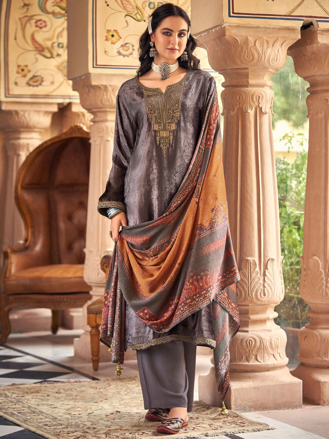 Stylee LIFESTYLE Women Brown & Mustard Embroidered Velvet Unstitched Dress Material
Stylee LIFESTYLE Women Brown & Mustard Embroidered Velvet Unstitched Dress Material