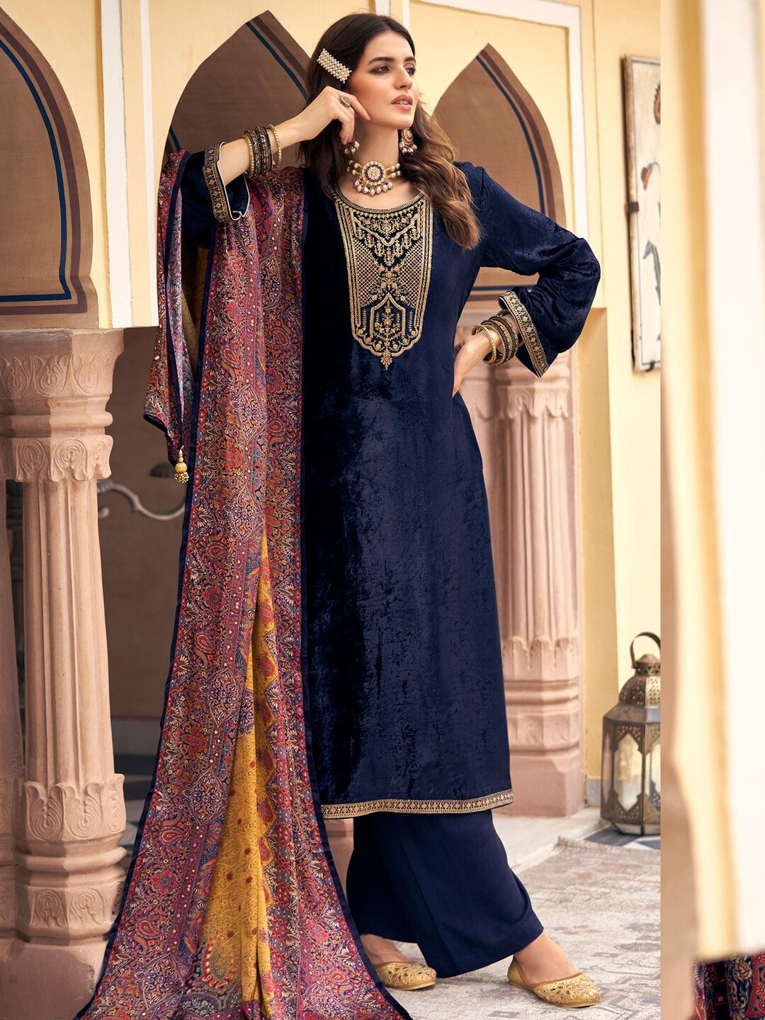 Stylee LIFESTYLE Women Navy Blue & Mustard Embroidered Velvet Unstitched Dress Material
Stylee LIFESTYLE Women Navy Blue & Mustard Embroidered Velvet Unstitched Dress Material