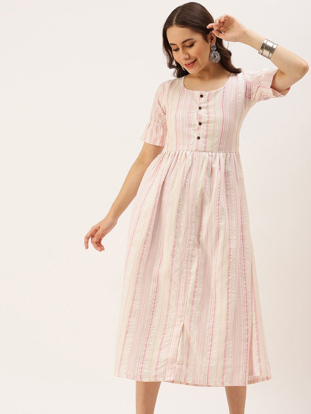 Putchi Women Pink Striped Cotton Dress