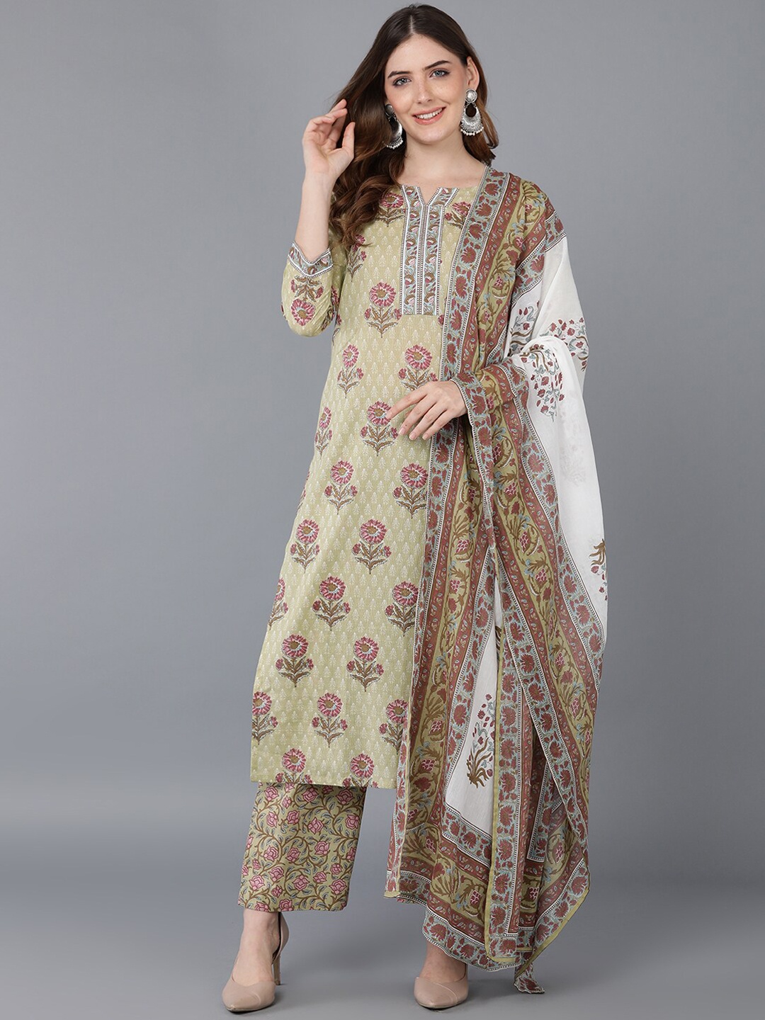 AHIKA Women Olive Green Floral Printed Pure Cotton Kurta with Palazzos & With Dupatta
AHIKA Women Olive Green Floral Printed Pure Cotton Kurta with Palazzos & With Dupatta