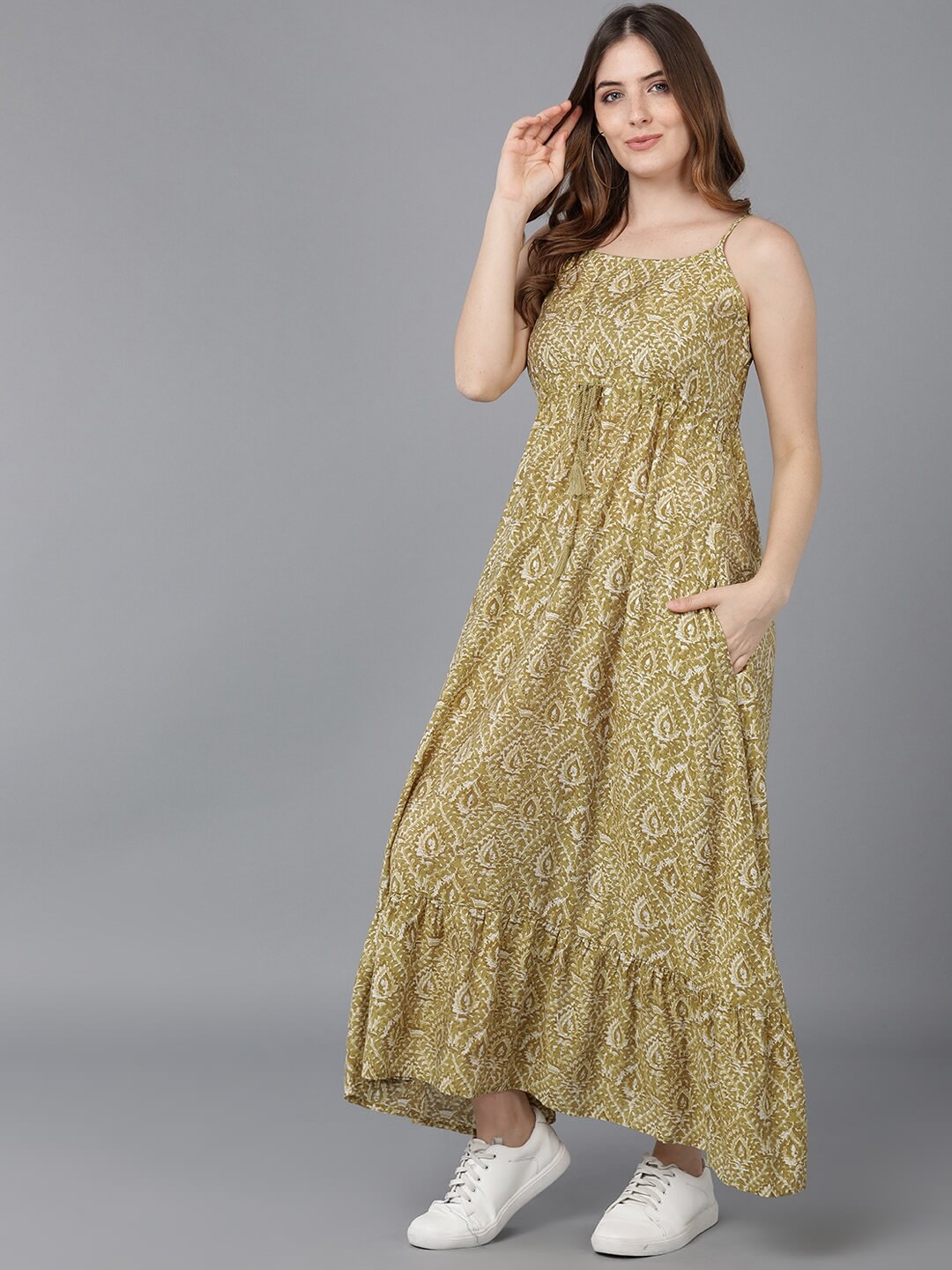 AHIKA Women Olive Green Floral Crepe Maternity Maxi Dress