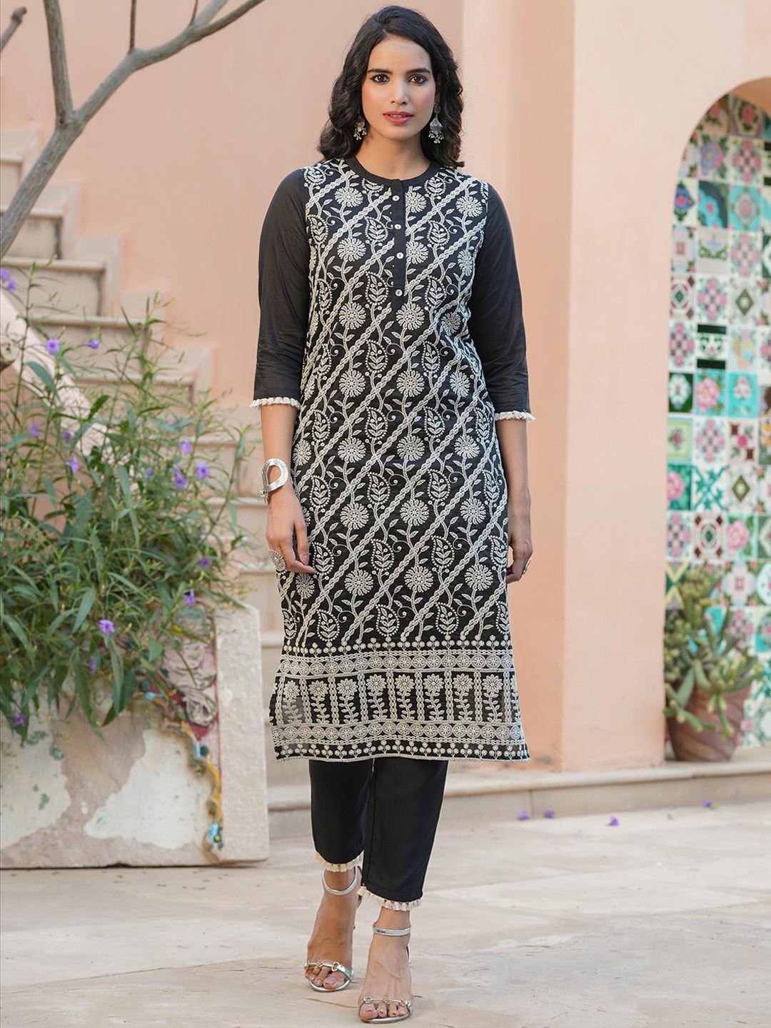 SCAKHI Women Black Ethnic Motifs Embroidered Chikankari Chanderi Silk Kurta with Trousers
SCAKHI Women Black Ethnic Motifs Embroidered Chikankari Chanderi Silk Kurta with Trousers