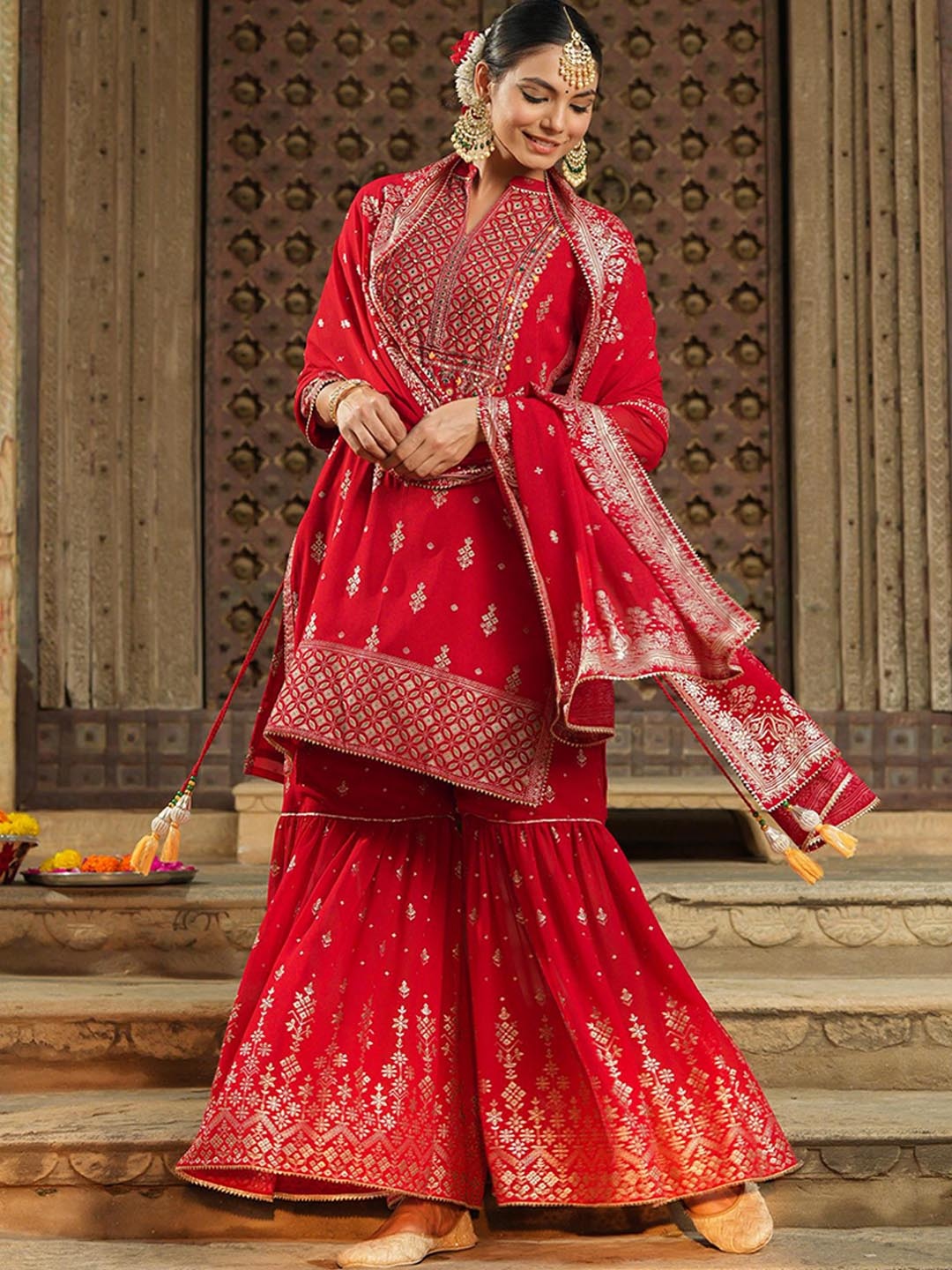 SCAKHI Women Red Ethnic Motifs Printed High Slit Gotta Patti Kurti with Sharara & With Dupatta
SCAKHI Women Red Ethnic Motifs Printed High Slit Gotta Patti Kurti with Sharara & With Dupatta