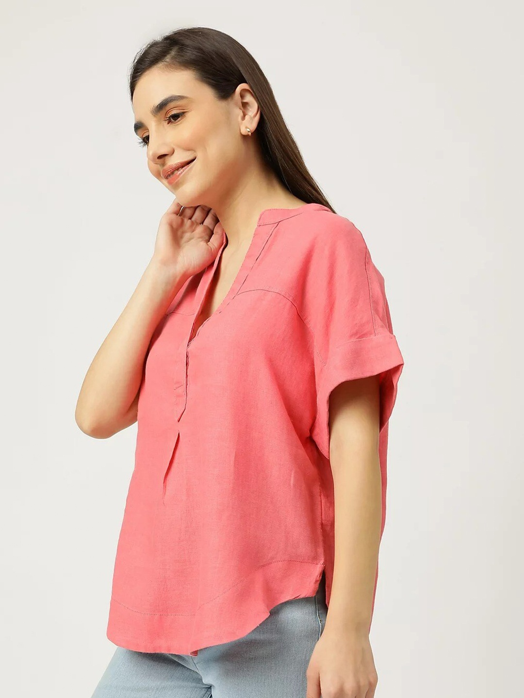 Marks & Spencer Women Coral Mandarin Collar Roll-Up Sleeves Linen Shirt Style Top