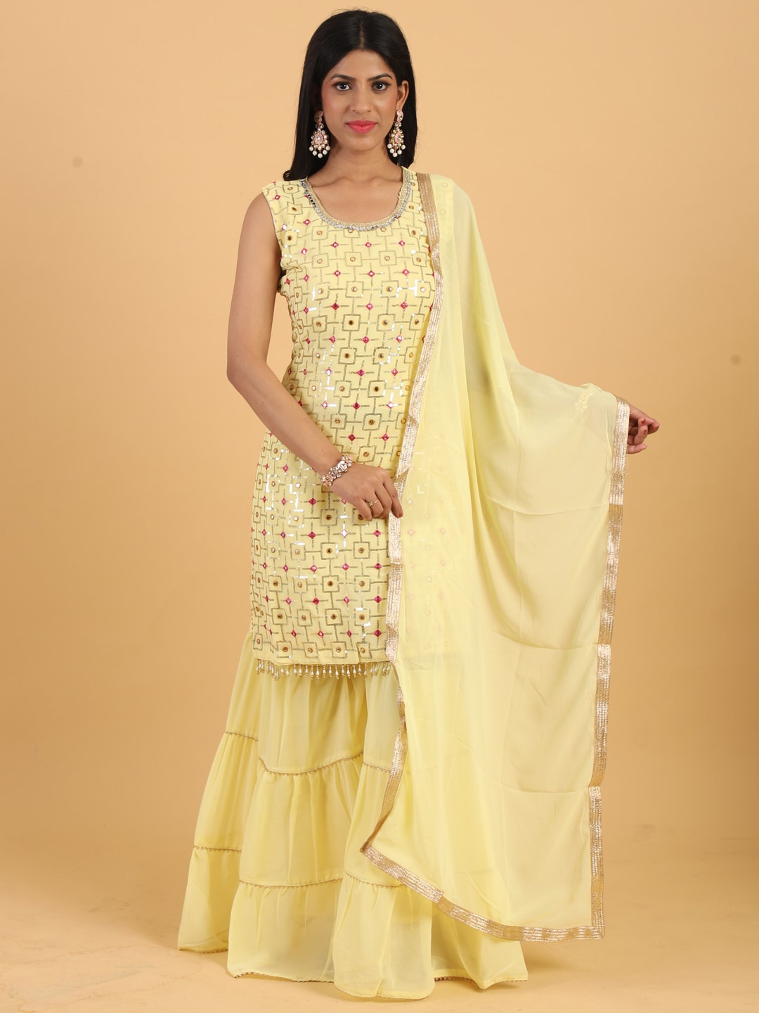 Chhabra 555 Women Yellow Ethnic Motifs Embroidered Sequinned Kurta with Sharara & Dupatta
Chhabra 555 Women Yellow Ethnic Motifs Embroidered Sequinned Kurta with Sharara & Dupatta