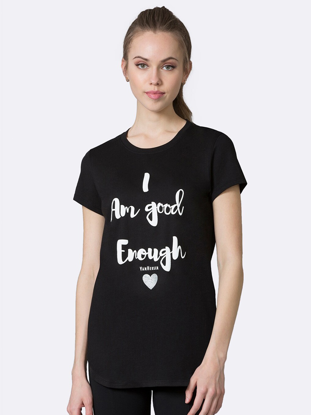 Van Heusen Women Black Typography Printed T-shirt
