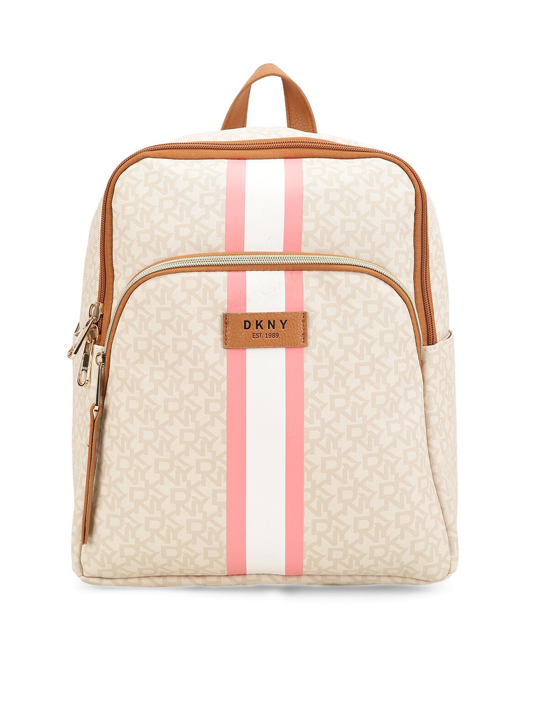 DKNY SIGNATURE STRIPE PVC Material Soft Medium Size Backpack, Beige