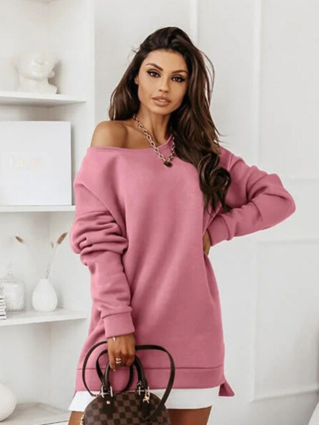 BoStreet Pink Solid Short Sweater Dress