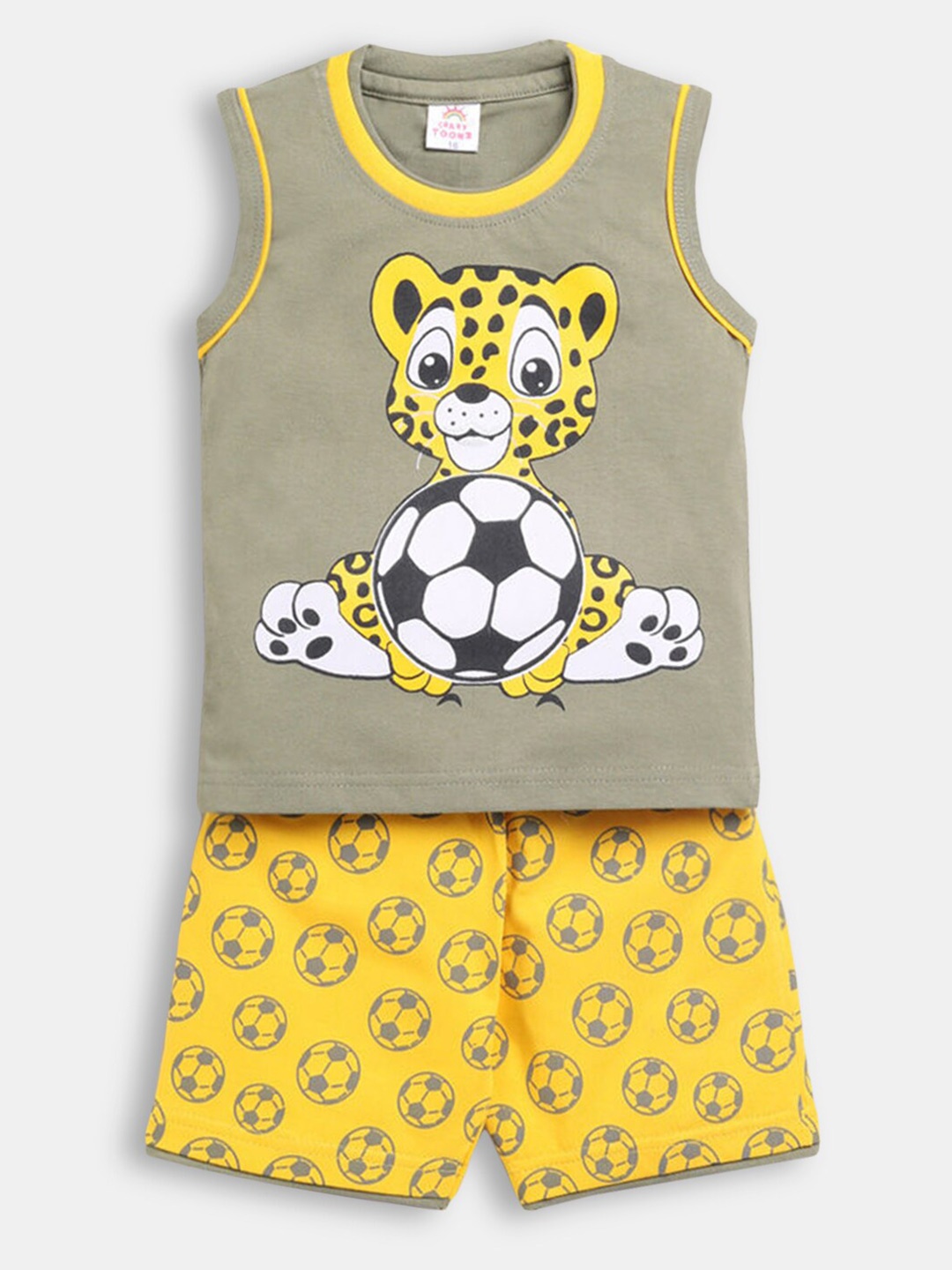 Hopscotch Boys Yellow & Grey Cotton Sleeveless Graphic Printed T-shirt with Shorts Set
Hopscotch Boys Yellow & Grey Cotton Sleeveless Graphic Printed T-shirt with Shorts Set