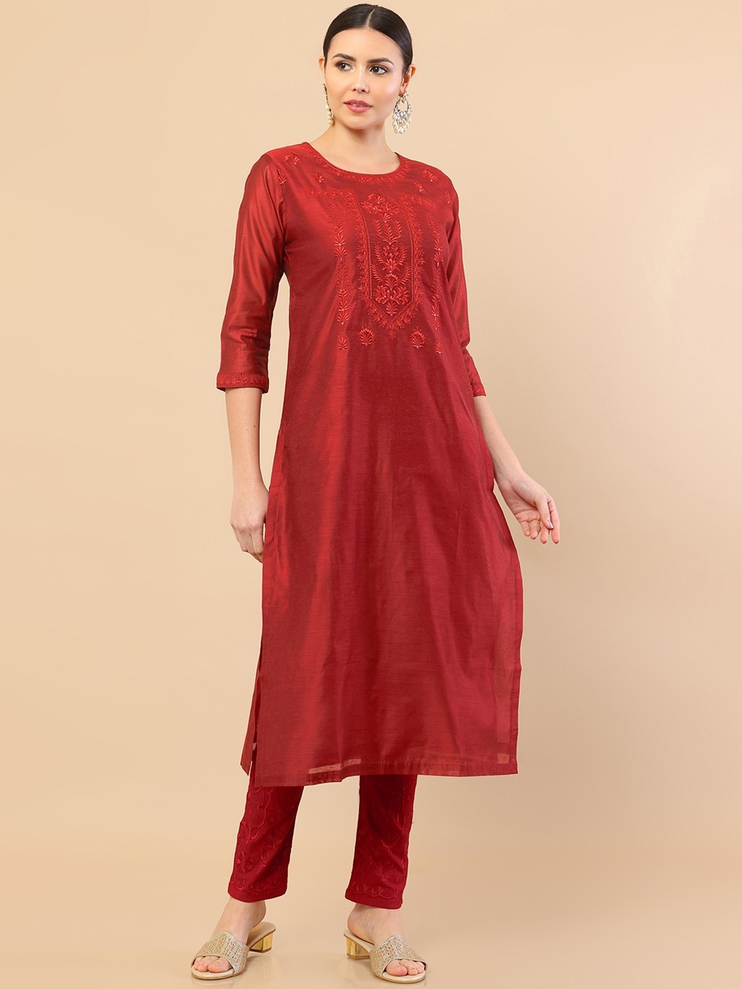 Soch Women Maroon Embroidered Chanderi Silk Kurta