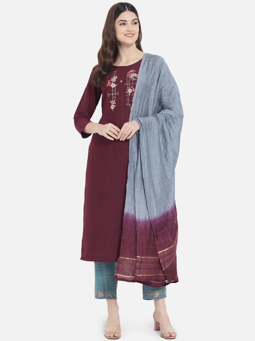 Kiana Women Maroon Floral Embroidered Thread Work Kurta with Trousers & With Dupatta
Kiana Women Maroon Floral Embroidered Thread Work Kurta with Trousers & With Dupatta