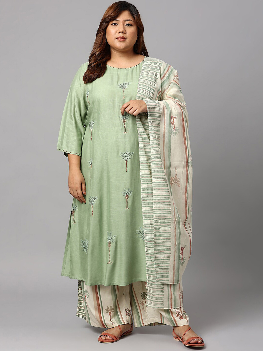 W Women Plus Size Green & Beige Embroidered Straight Kurta with Palazzos & With Dupatta
W Women Plus Size Green & Beige Embroidered Straight Kurta with Palazzos & With Dupatta