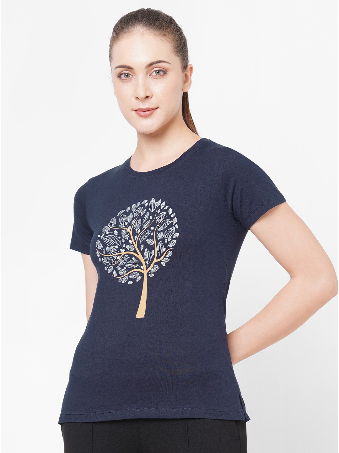LAASA SPORTS Women Navy Blue Printed Pure Cotton T-shirt