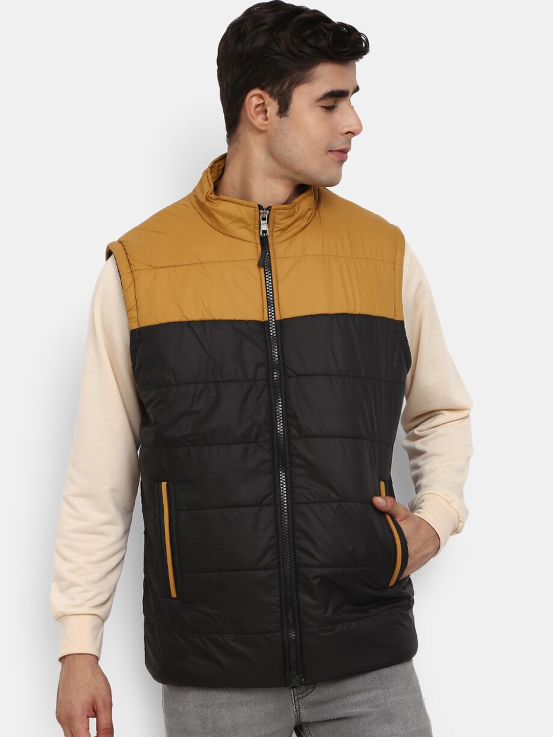 V-Mart Men Black And Mustard Yellow Colourblocked Lightweight Padded Jacket
V-Mart Men Black And Mustard Yellow Colourblocked Lightweight Padded Jacket