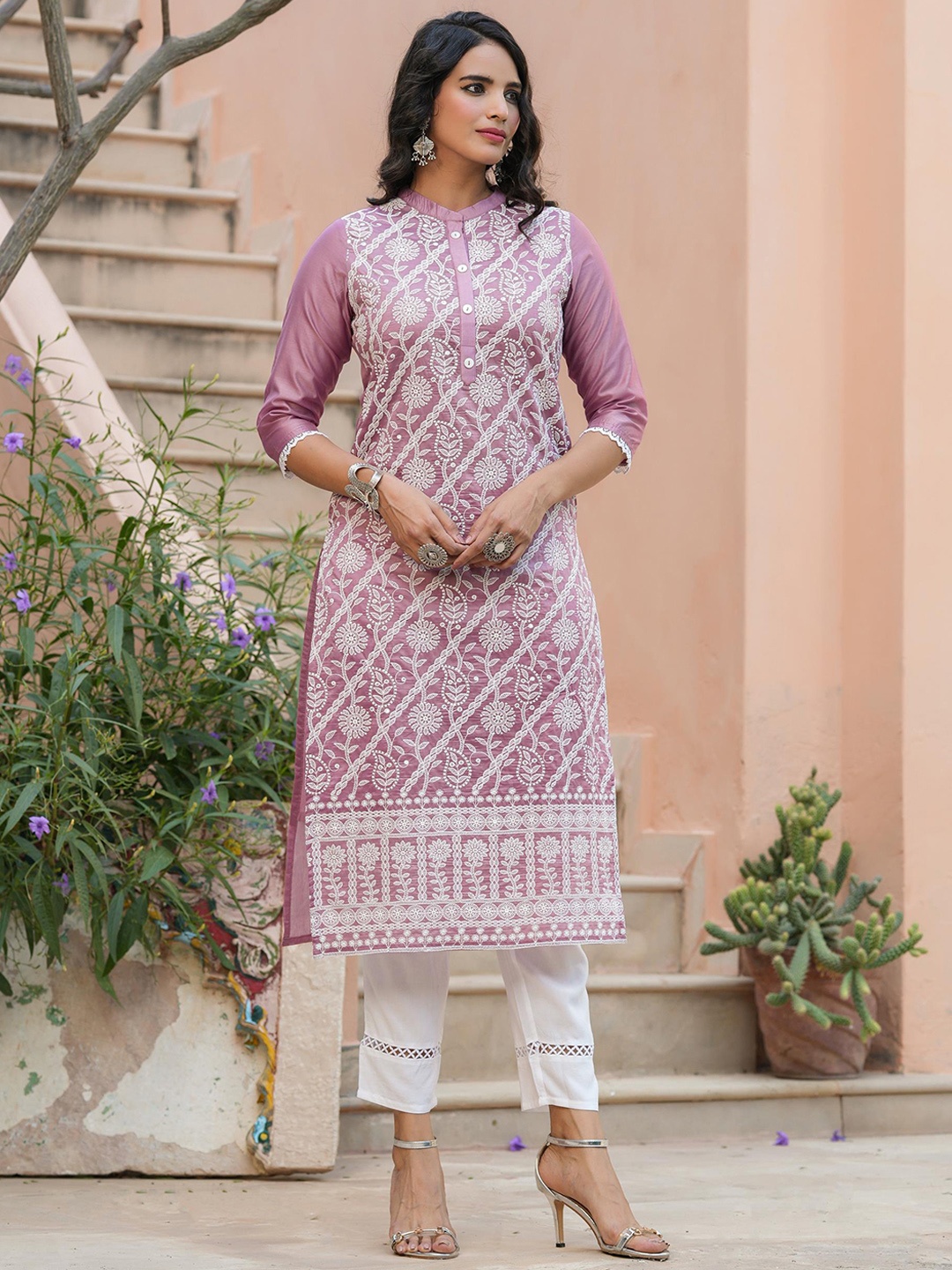 SCAKHI Women Lavender Embroidered Panelled Chikankari Chanderi Silk Kurta with Trousers
SCAKHI Women Lavender Embroidered Panelled Chikankari Chanderi Silk Kurta with Trousers