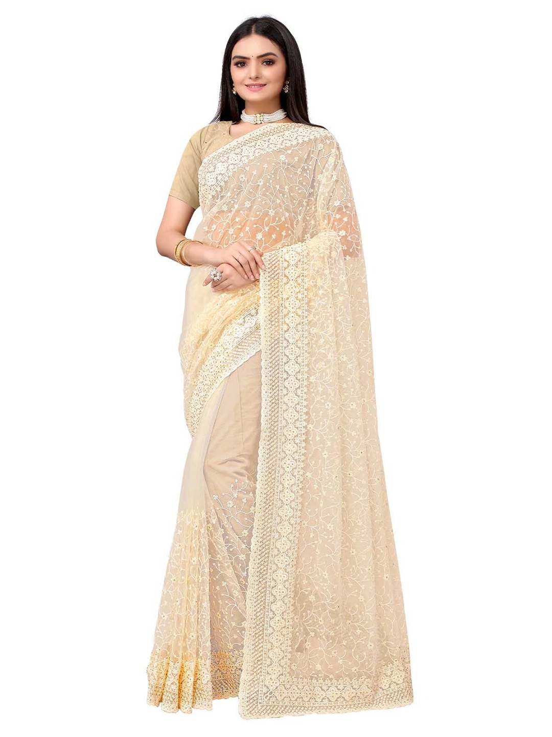 ODETTE Beige Floral Embroidered Net Saree