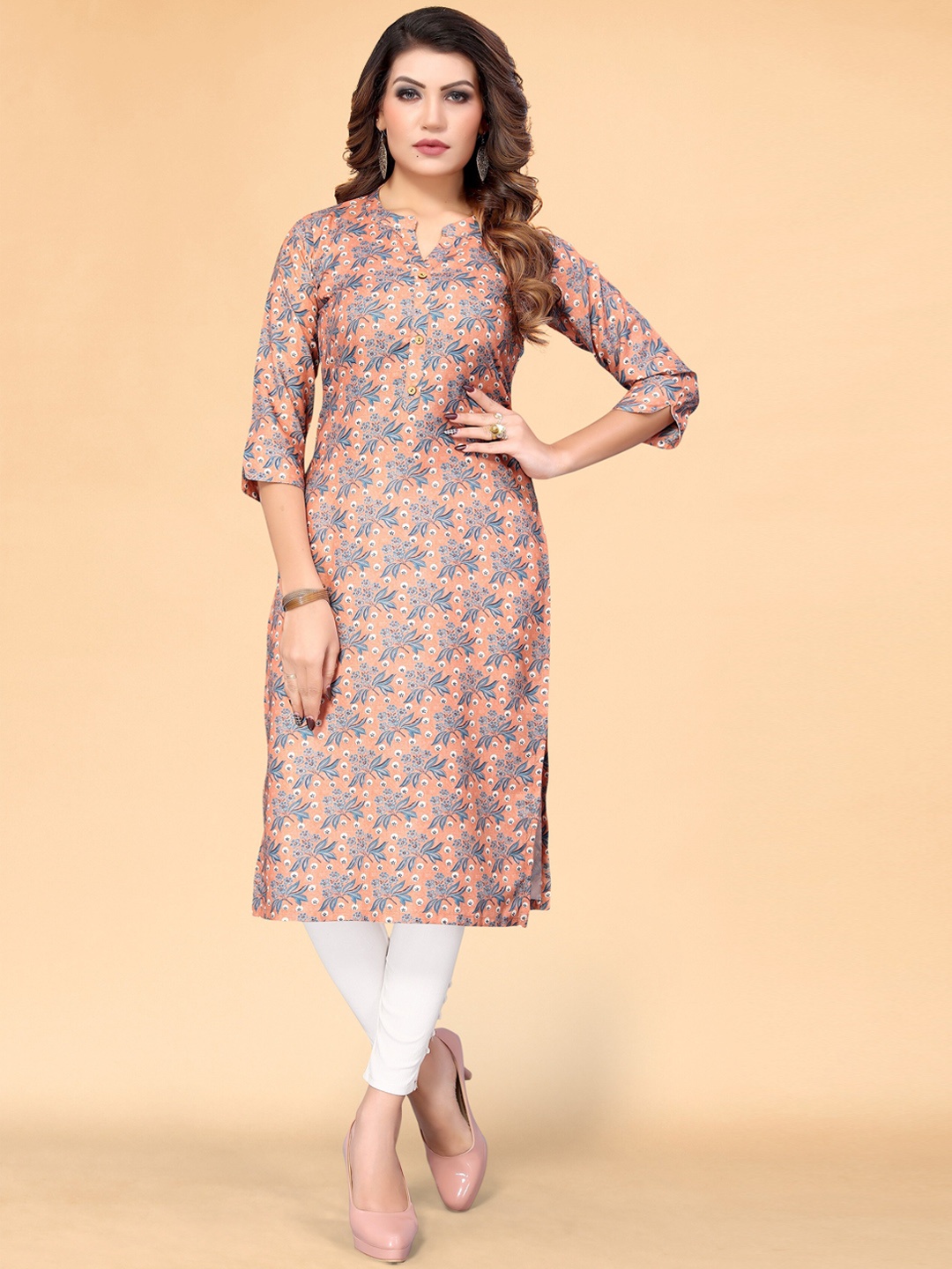 KALINI Women Peach-Coloured Floral Printed Kurta