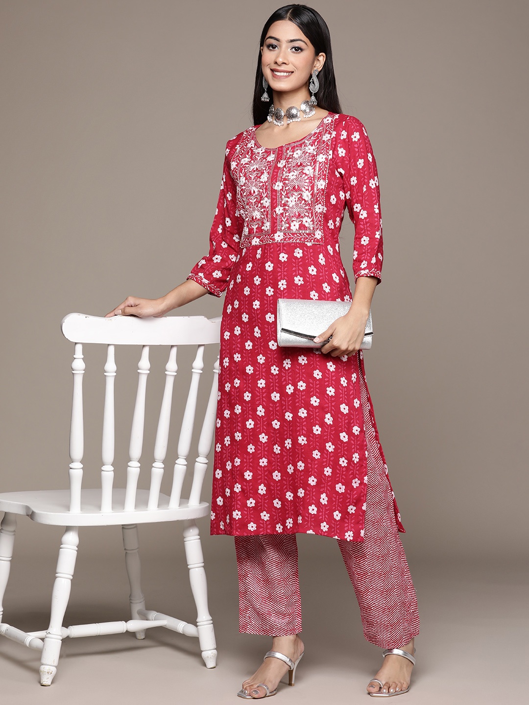 ZIYAA Women Red & White Floral Printed Thread Work Pure Cotton Kurta with Trousers
