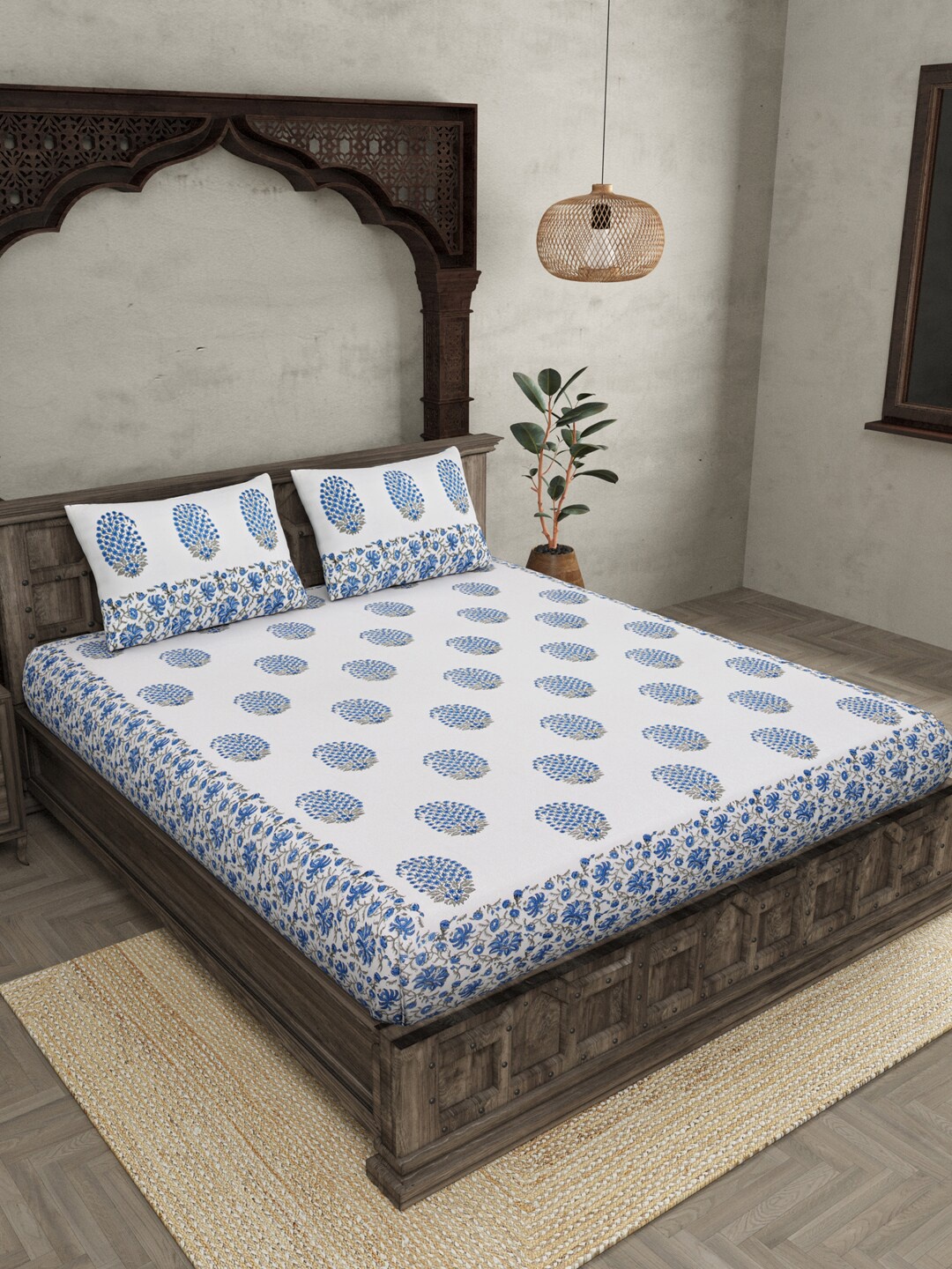 JAIPUR FABRIC White & Blue Printed 240 TC Cotton Queen Bedsheet with 2 Pillow Covers
JAIPUR FABRIC White & Blue Printed 240 TC Cotton Queen Bedsheet with 2 Pillow Covers