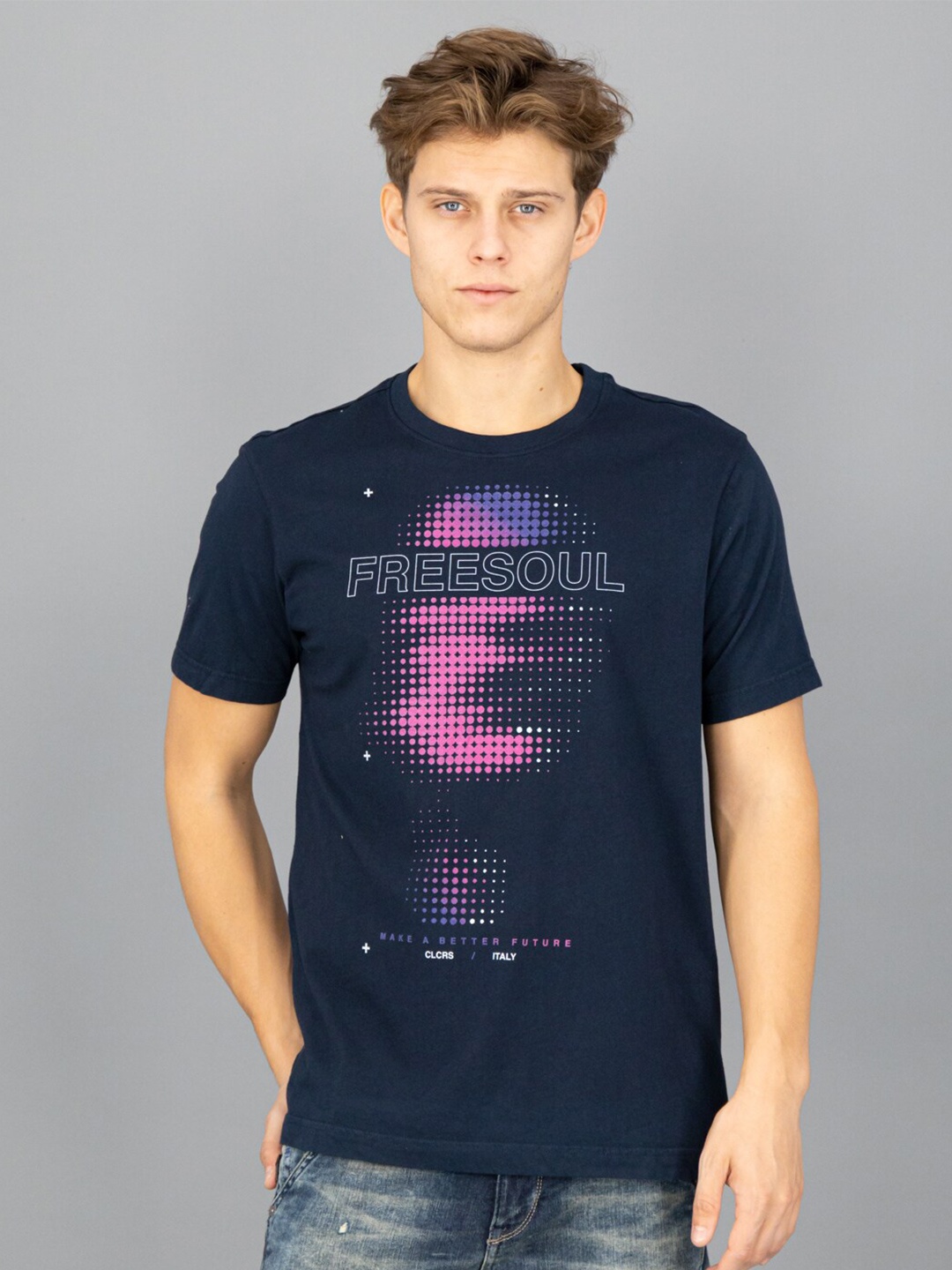 FREESOUL Men Navy Blue Printed Cotton T-shirt