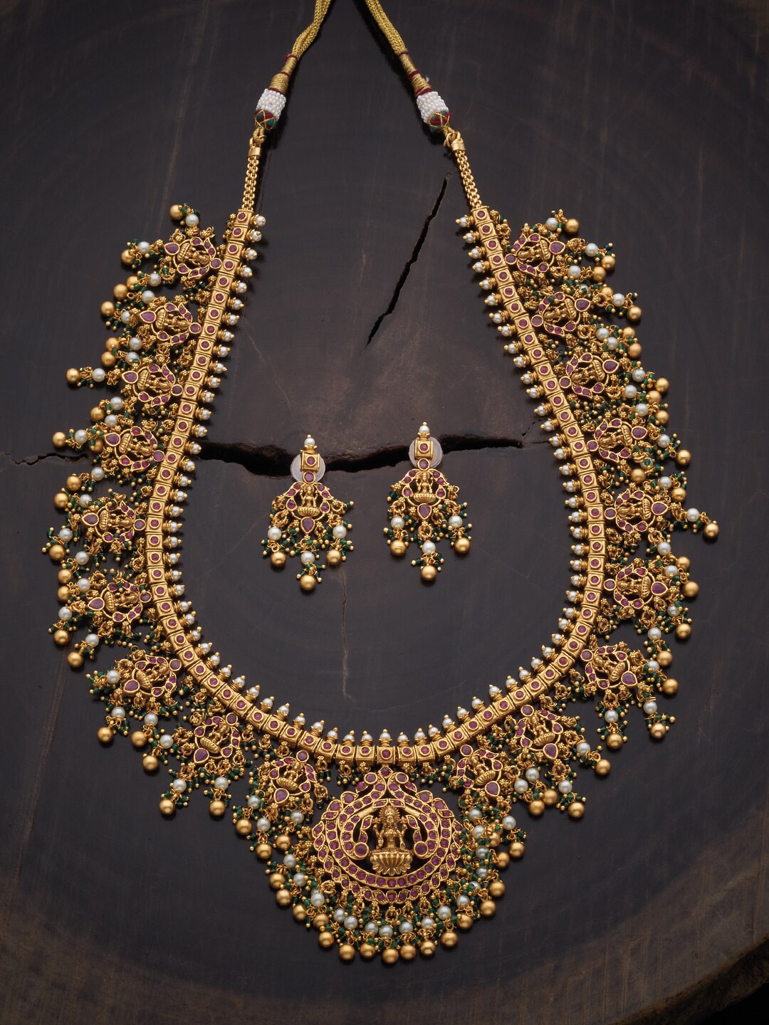 Kushal's Fashion Jewellery Gold-Plated Red & Green Stones & Beads Studded Jewellery Set