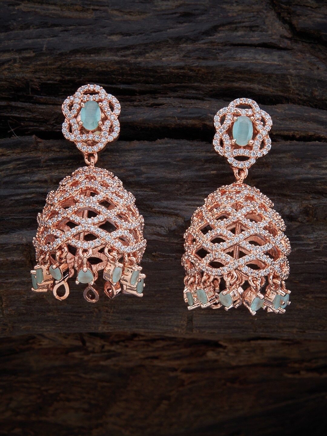 Kushal's Fashion Jewellery Sea Green Rose-Gold Plated Sparkling Cubic Zirconia Jhumkas
Kushal's Fashion Jewellery Sea Green Rose-Gold Plated Sparkling Cubic Zirconia Jhumkas