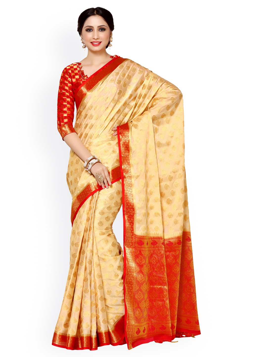 MIMOSA by Kupinda Beige Poly Crepe Woven Design Kanjeevaram Saree