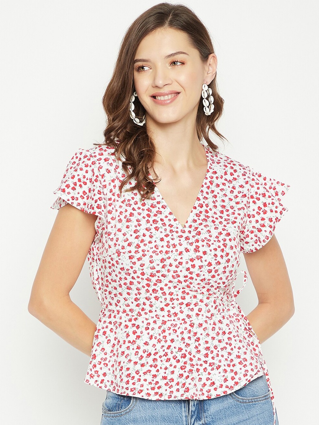PURYS Women White & Red Floral Print Crepe Wrap Top