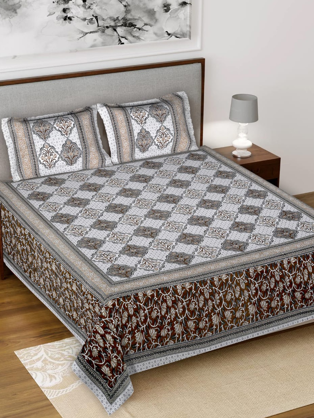 Salona Bichona White & Brown Floral Pure Cotton 120 TC King Bedsheet with 2 Pillow Covers
Salona Bichona White & Brown Floral Pure Cotton 120 TC King Bedsheet with 2 Pillow Covers