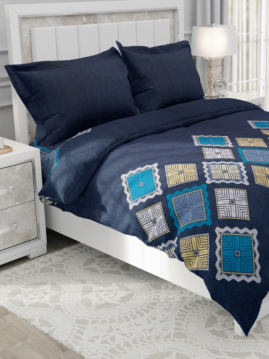 Salona Bichona Navy Blue & White 120 TC Cotton King Bedsheet with 2 Pillow Covers
Salona Bichona Navy Blue & White 120 TC Cotton King Bedsheet with 2 Pillow Covers
