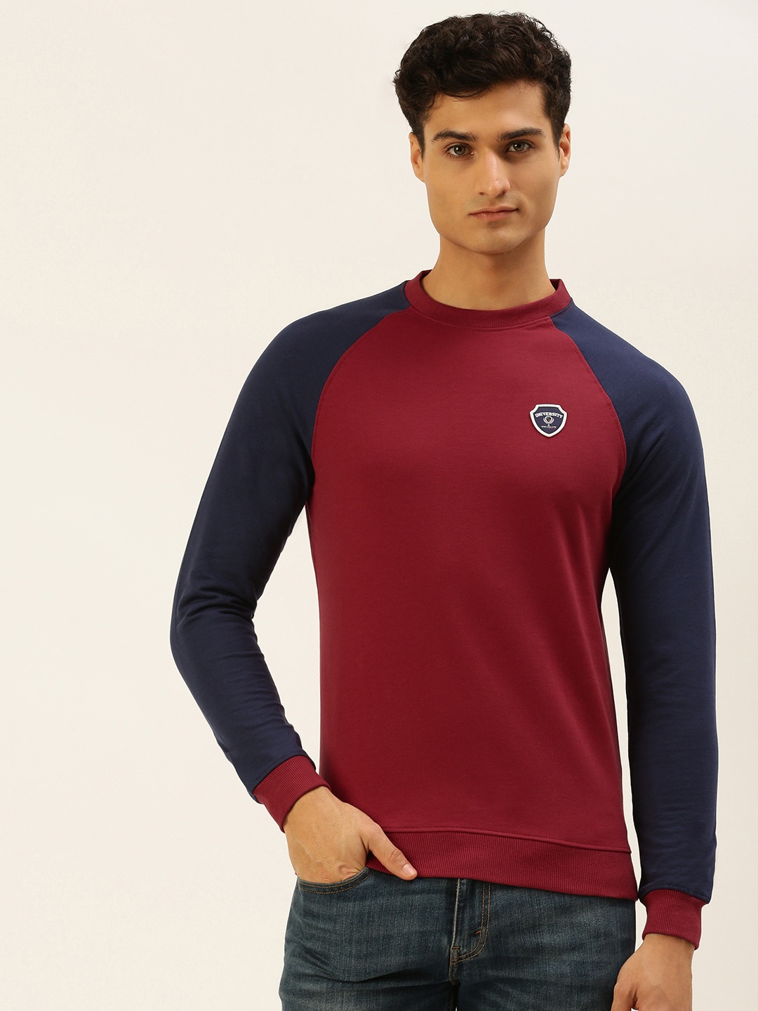 PETER ENGLAND UNIVERSITY Men Maroon & Navy Blue Brand Logo Applique Slim Fit Sweatshirt
PETER ENGLAND UNIVERSITY Men Maroon & Navy Blue Brand Logo Applique Slim Fit Sweatshirt