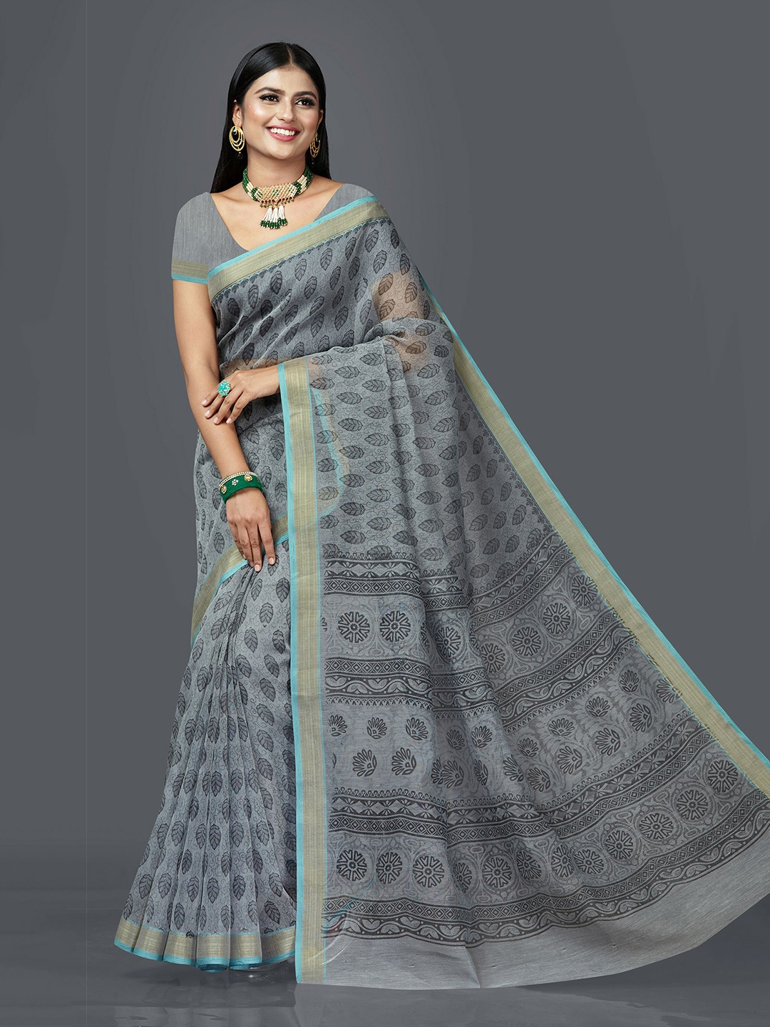 SHANVIKA Ethnic Motifs Gadwal Print Saree, Grey