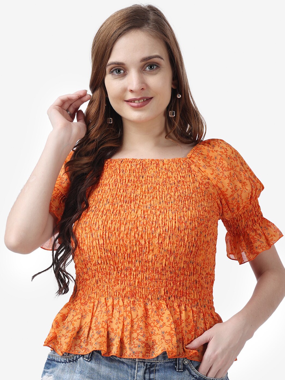 Popwings Orange Georgette Smocking Peplum Top