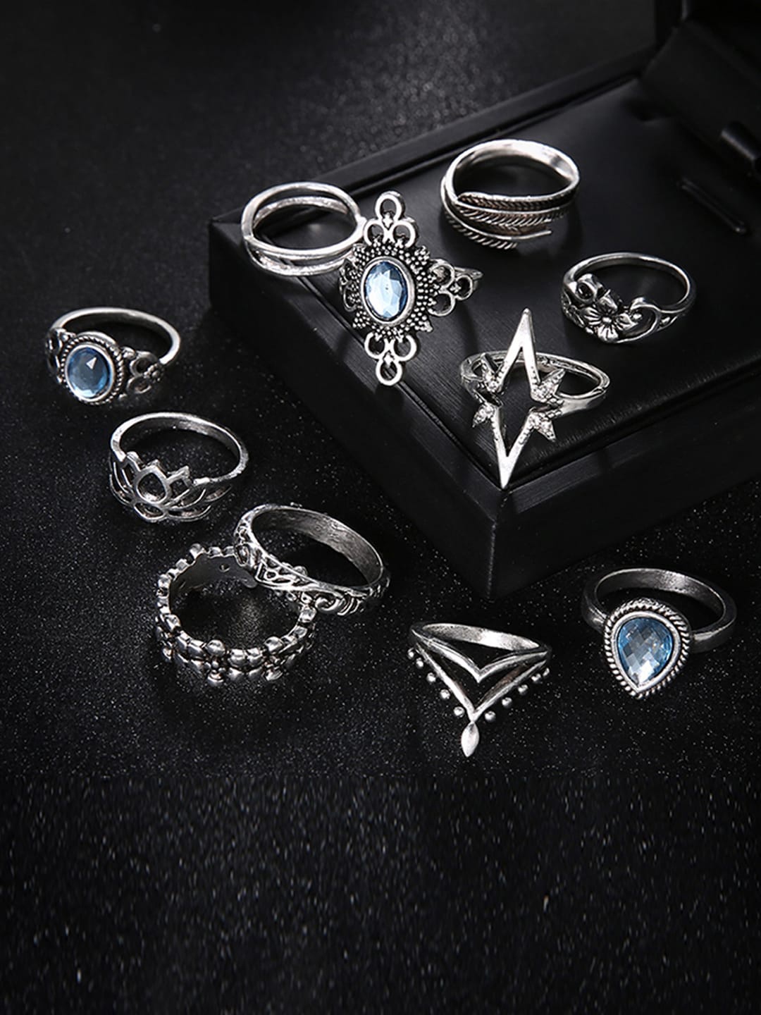 Jewels Galaxy Set Of 11 Silver-Plated & Toned Stones Studded Oxidised Finger Rings
Jewels Galaxy Set Of 11 Silver-Plated & Toned Stones Studded Oxidised Finger Rings