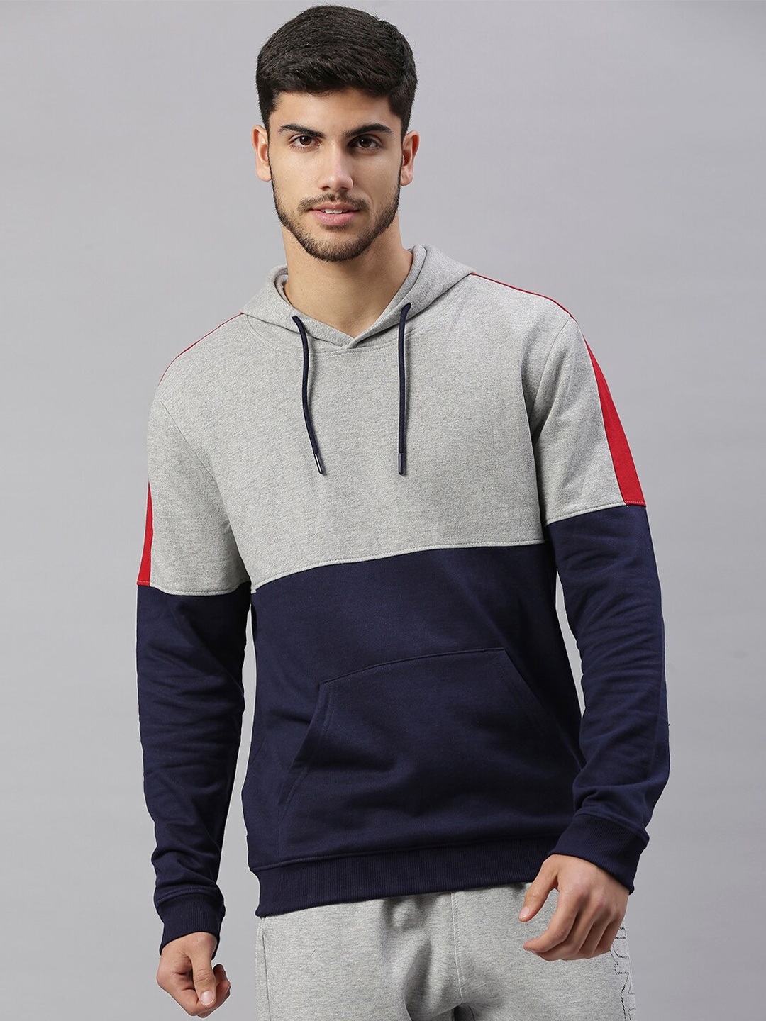Hubberholme Men Navy Blue Colourblocked Hooded Sweatshirt