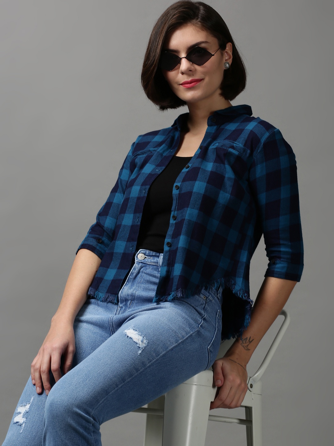 SHOWOFF Women Blue Buffalo Checked Casual Shirt