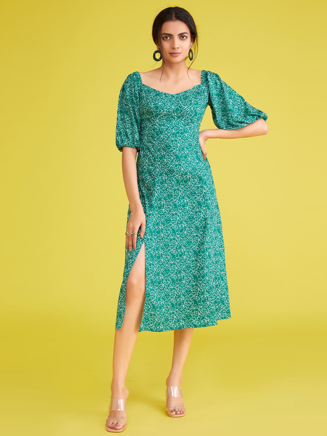 POPPI Green Floral A-Line Midi Dress