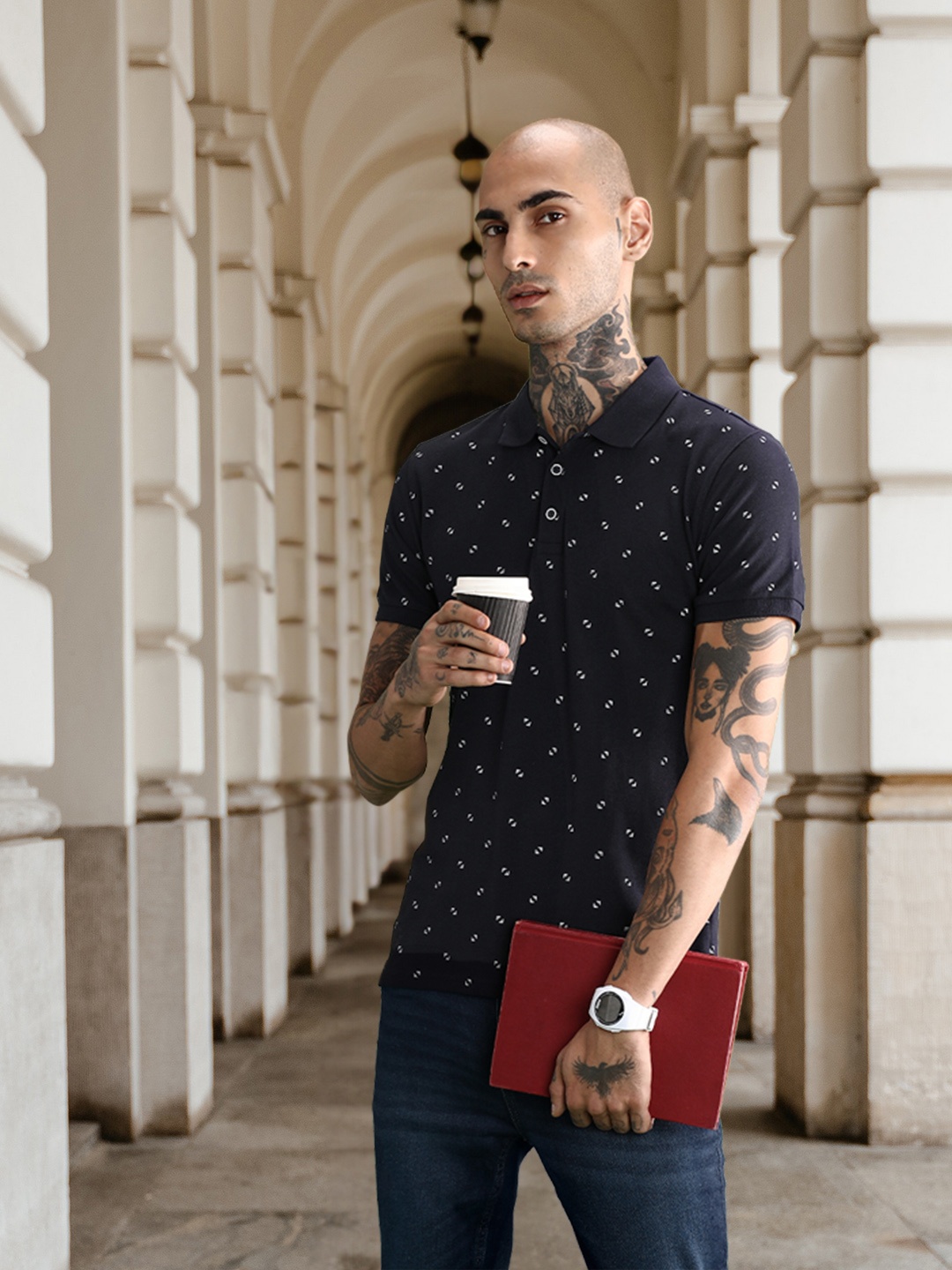 United Colors of Benetton Men Black Printed Polo Collar Cotton T-shirt