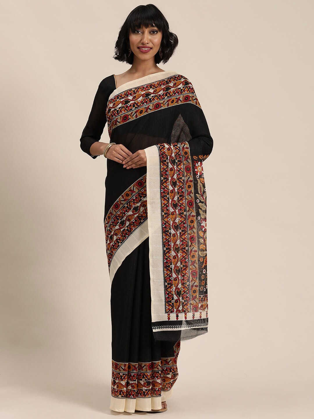 KALINI Black & Orange Kalamkari Silk Blend Khadi Saree