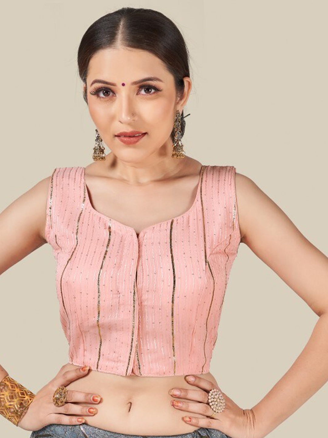 HIMRISE Women Pink Sequinned Stitched Saree Blouse