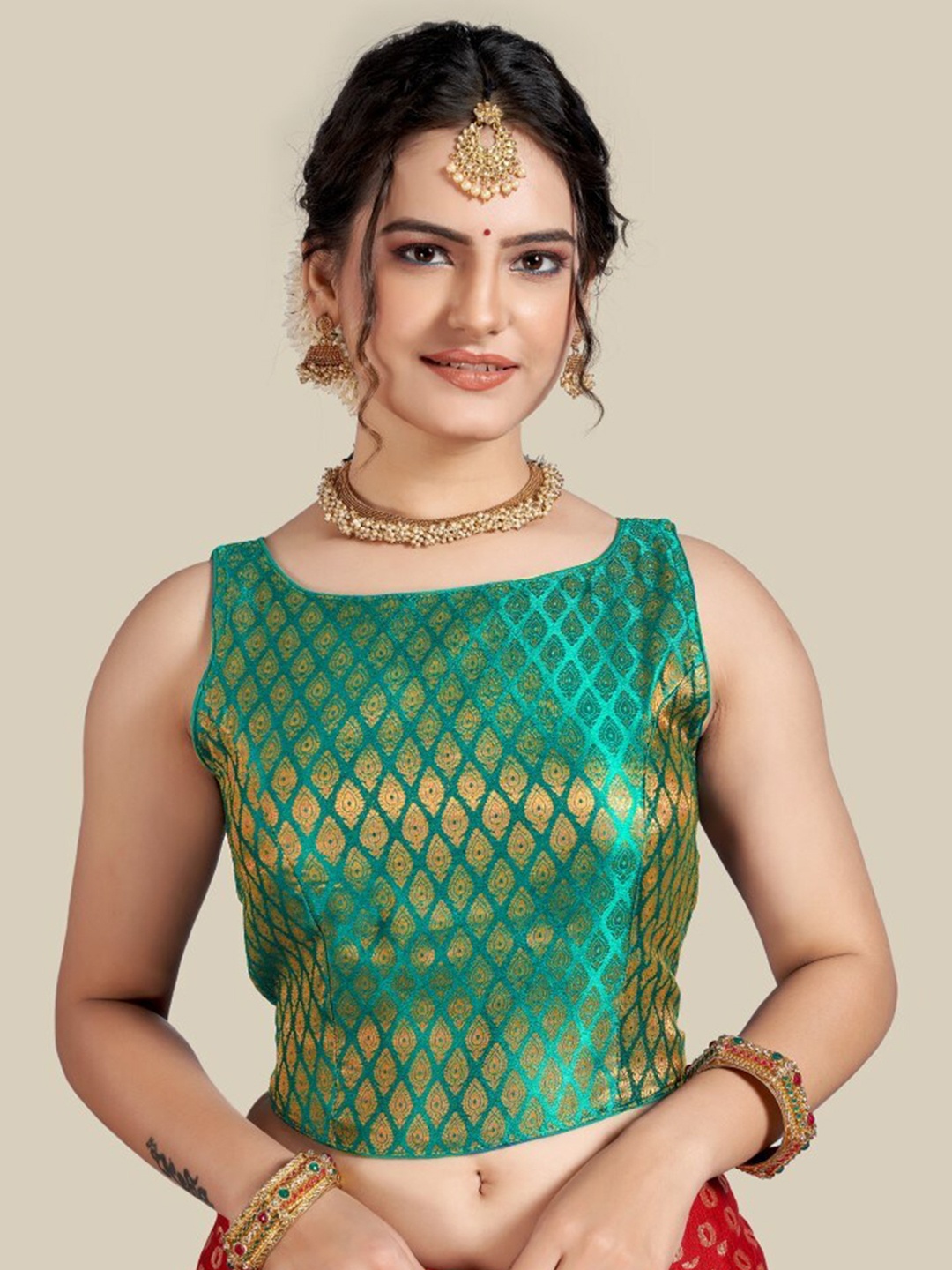 HIMRISE Sea Green Printed Jacquard Saree Blouse